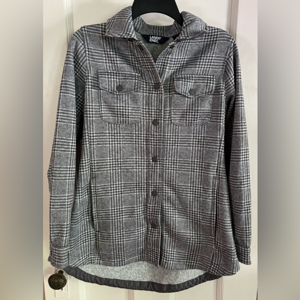 Lands End Women's Plaid Jacket Long Shacket Snaps Grey Size Small